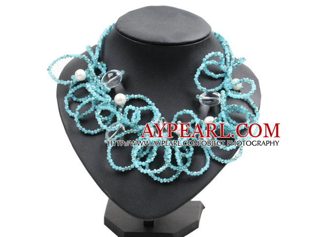 Speical Design Beautiful Sky Blue Crystal Natural Pearl Agate Statement Chunky Necklace