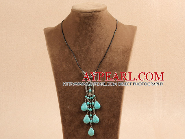 Enkel vintagestil Tear Drop Shape Blå Turkos Tassel hängande halsband med svart läder