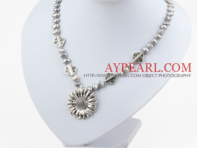 dyed gray pearl and tibet silver flower pendant necklace with lobster clasp