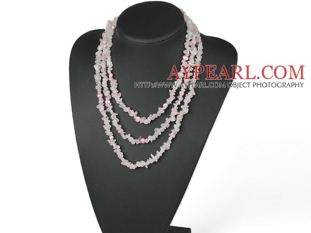 Popular 3-Strand Pink Freshwater Peal And Chipped Rose Quartz Necklace