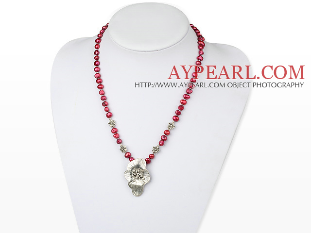 Fashion Dyed Purplish Red Freshwater Pearl And Tibet Silver Flower Necklace