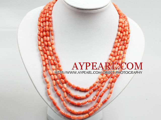 Fem Strands Oange Pink Coral Collar Statement Necklace