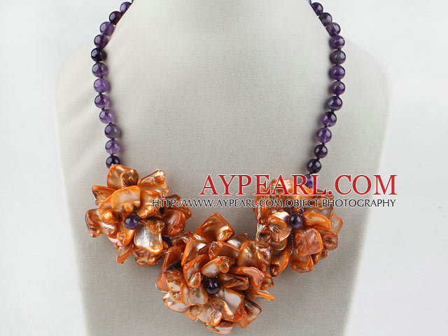 Amethyst and Orange Color Shell Flower Necklace