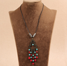 Simple Vintage Style Chandelier Shape Round Coral Turquoise Beads Tassel Pendant Necklace With Black Leather
