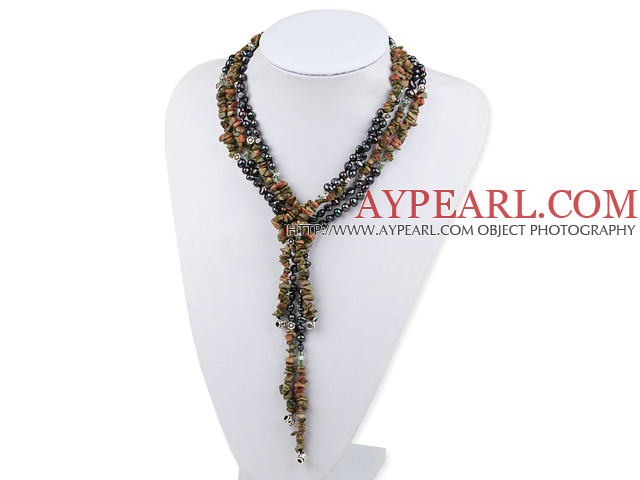 Fashion Fresh Water Pearl And Green Piebald Stone Necklace, Sweater Necklace