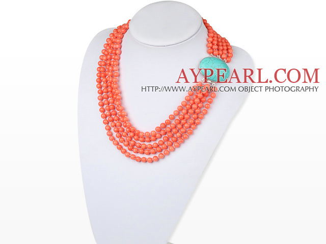 Multi Strand Oragne Color Coral Beaded Necklace with Turquoise Clasp