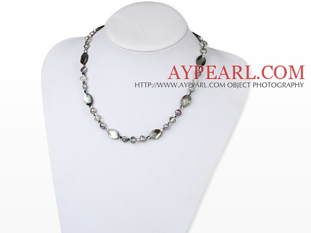Nice Gray Freshwater Pearl White Crystal And Black Lip Shell Beaded Strand Necklace 