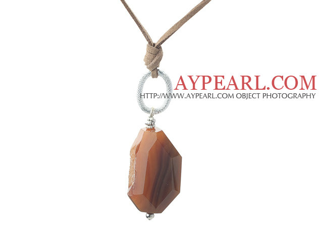 Simple Style Irregular Shape Brown Crystallized Agate Pendant Necklace with Brown Cord