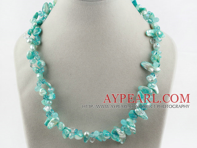 Beautiful Green Blister Freshwater Pearl And Crystal Threaded Necklace