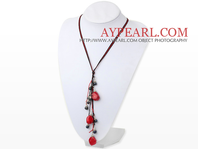 Beautiful Black Freshwater Pearl And Red Coral Pendant Necklace With Black And Red Threads