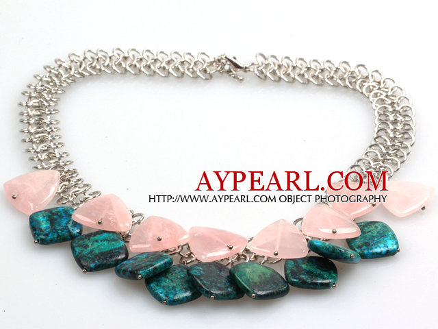 New Arrival Triangle Rose Quartz and Phoenix Stone Necklace with Metal Link Chain
