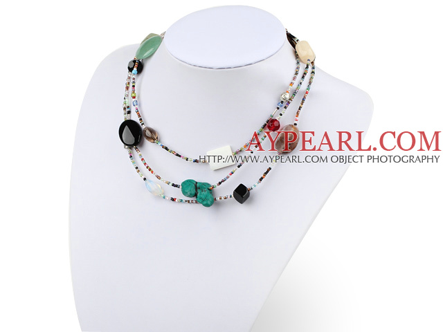 Popular Multi Mixed Turquoise Agate Shell Tiger Eye Jade Necklace, Sweater Necklace