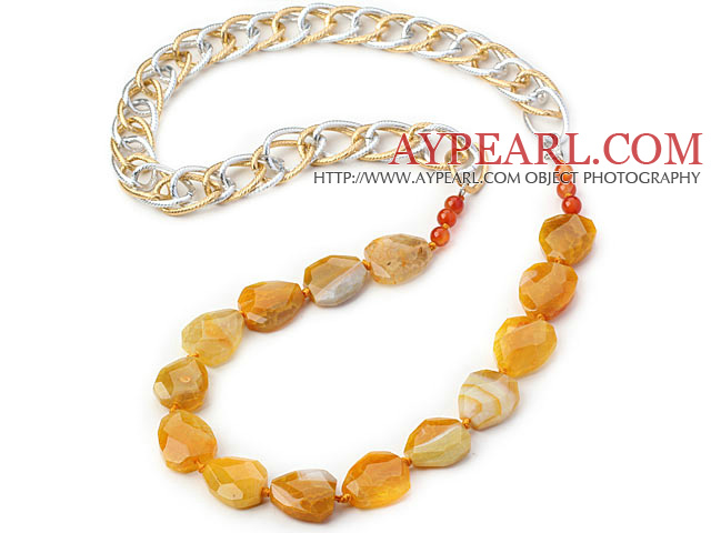 Yellow Color Burst Pattern Crystallized Agate Knotted Necklace with Golden and Silver Color Metal Chain ( The Chain Can Be Deducted )