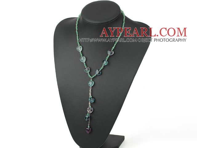 Elegant Heart Shape Rainbow Fluorite And Round Jade Beads Loop Chain Pendant Y Shape Necklace