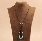 Simple Vintage Style Round Coral Tear Drop Shape Turquoise Beads Tassel Pendant Necklace With Black Leather