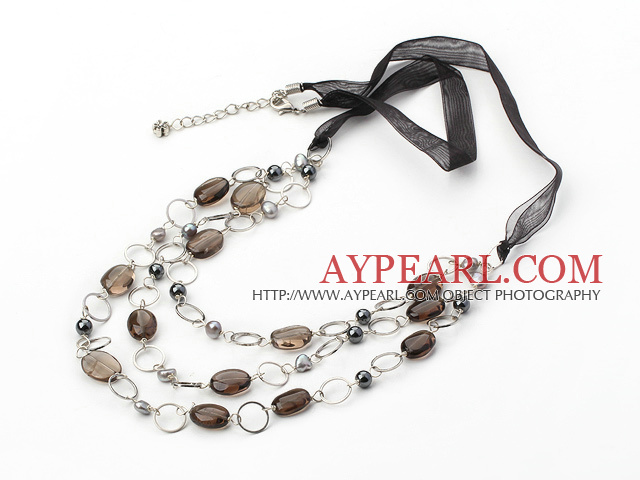 Fashion Layer Loop Charm Smoky Quartz Strand Necklace With Black Ribbon