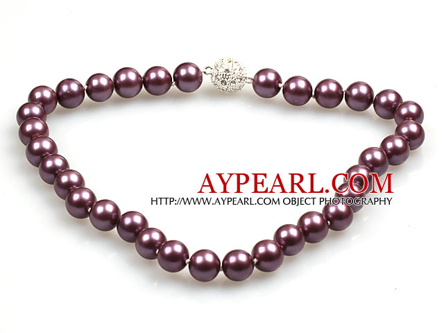 Fashion Single Strand 12Mm Purple Round Seashell Beads Necklace With Rhinestone Magnetic Clasp