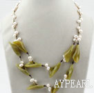 White Freshwater Pearl and Olive Flower Necklace