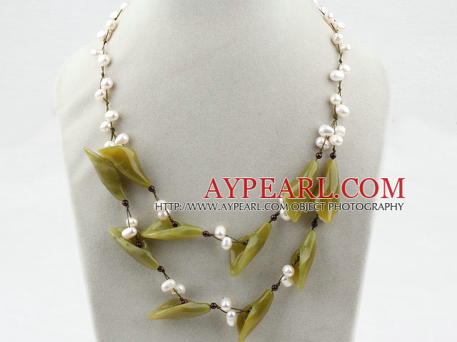 White Freshwater Pearl and Olive Flower Necklace