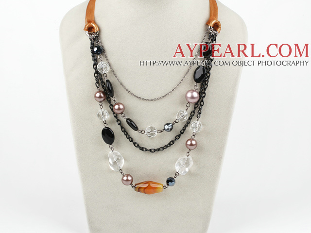 Fashion Layer Loop Chain Crystal Agate And Seashell Beads Ribbon Necklace