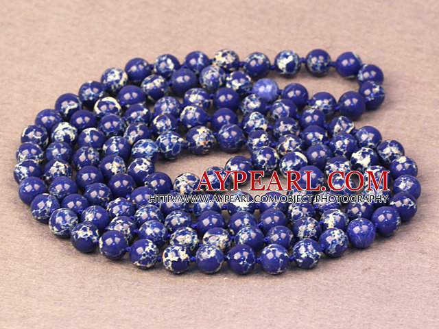 Noble Long Style Natural Deep Blue Imperial Jasper Stone Beads Necklace