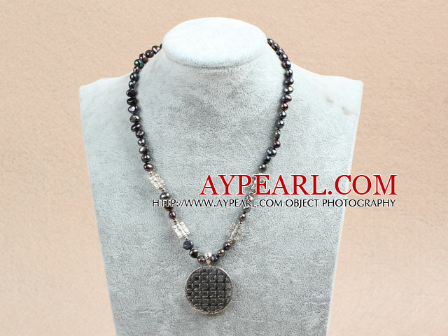 Dyed Black Freshwater Pearl And Caky Shape Tibet Silver Charm Necklace