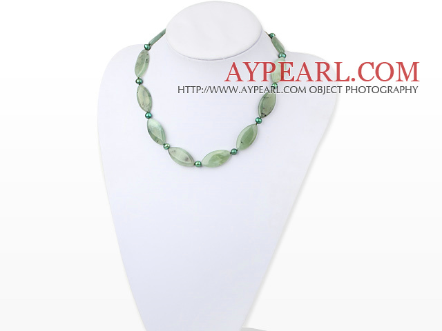 Elegant Green Series Freshwater Pearl And Oval Shape Serpentine Jade Necklace With Moonight Clasp