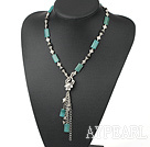 Fashion Rectangle Blue Jade And Round Black Agate Loop Chain Pendant Necklace With Flower Toggle Clasp