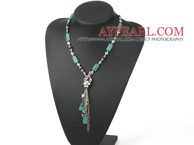 Fashion Rectangle Blue Jade And Round Black Agate Loop Chain Pendant Necklace With Flower Toggle Clasp