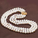 Three Strands 8-9mm White Freshwater Pearl Beaded Necklace