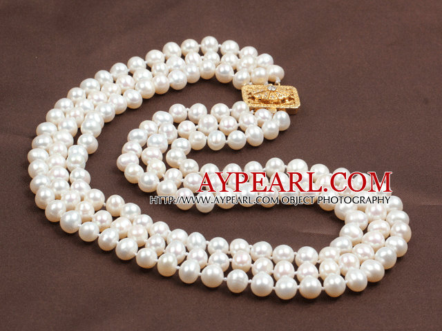 Three Strands 8-9mm White Freshwater Pearl Beaded Necklace