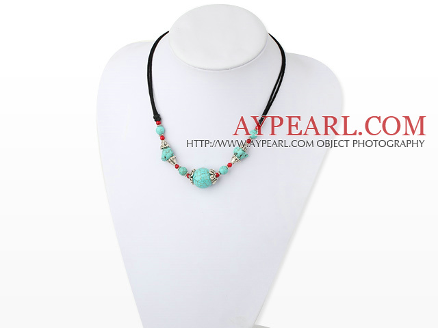 Nice Blue Turquoise And Red Bloodstone Cap Metal Charm Necklace With Knotted Black Cord