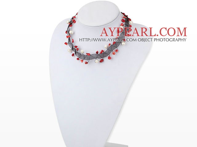 Fashion Hand Knotted White Freshwater Pearl And Mixed Red Coral Necklace With Black Silk Strand