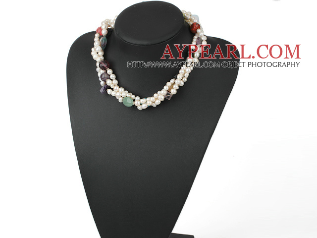 Fashion Multi Strand White Baroque Freshwater Pearl And Multi-Stone Necklace With Moonight Clasp