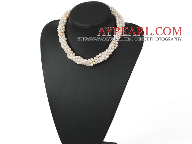 Fashion Multi Strand Twisted White Freshwater Pearl Necklace With Moonight Clasp