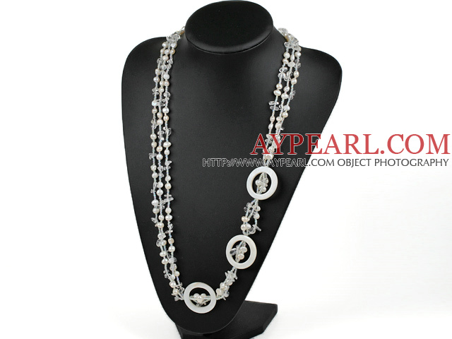 Elegant 3-Strand White Freshwater Pearl Crystal And Hollow Disc Shell Necklace