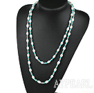 Fashion Long Style White Freshwater Pearl And Blue Turquoise Metal Beads Necklace, Sweater Necklace