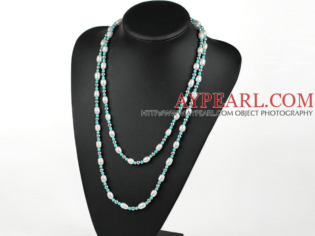 Fashion Long Style White Freshwater Pearl And Blue Turquoise Metal Beads Necklace, Sweater Necklace