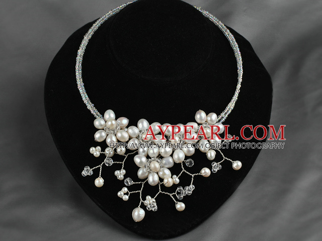 Natural White Freshwater Pearl and Clear Crystal Flower Bib Necklace ( No Clasp )