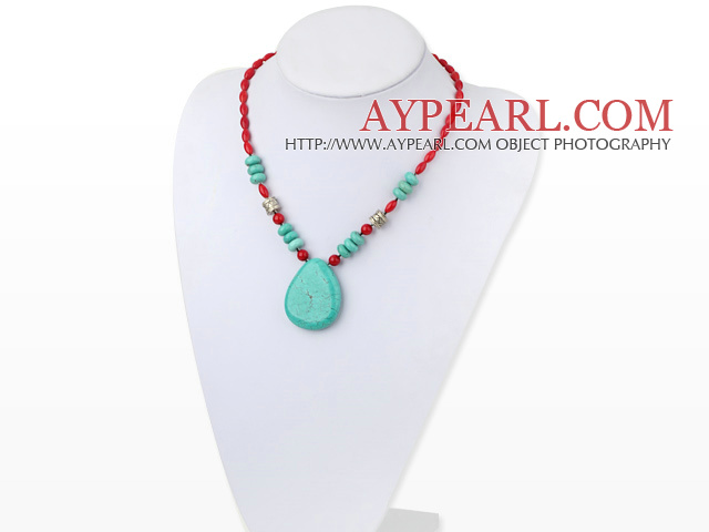 Beautiful Rice Shape Red Coral And Disc Large Nut Shape Blue Turquoise Pendant Necklace