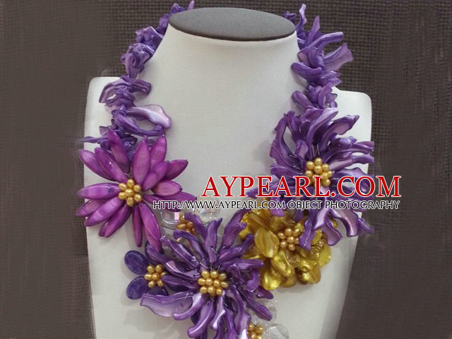 Amazing Beautiful Purple Series Purple Yellow Pearl Shell Flower Statement Party Necklace