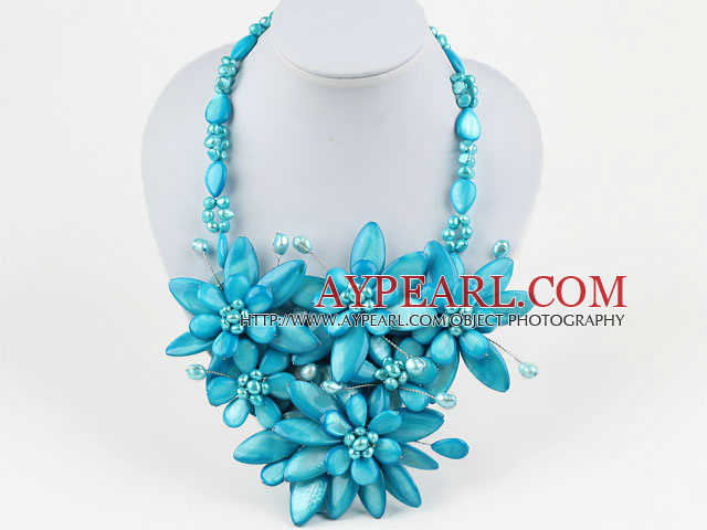 Lake Blue Seires Big Style Lake Blue Sötvatten Pearl och skal blomma parti halsband