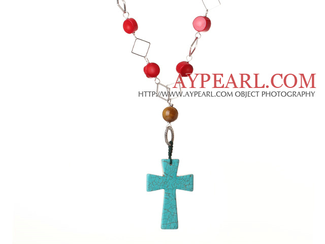 Stil de moda Red Coral Cross Forma verde turcoaz colier pandantiv 