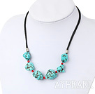 Fashion Chunky Turquoise And Bloodstone Necklace With Black Leather Cord 