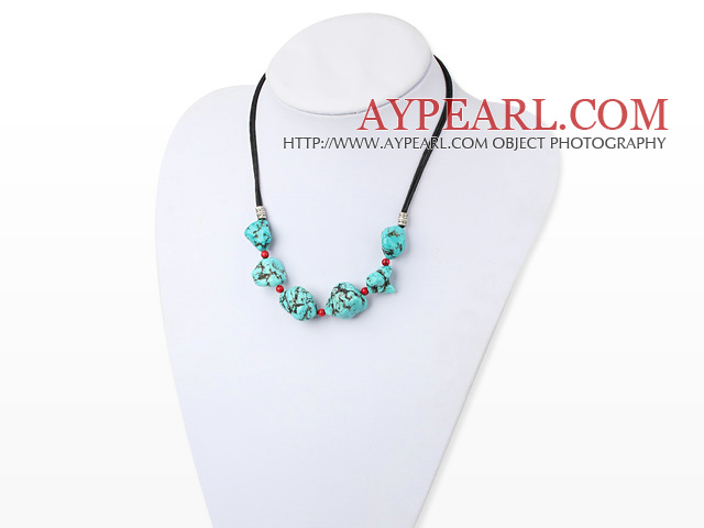 Fashion Chunky Turquoise And Bloodstone Necklace With Black Leather Cord 