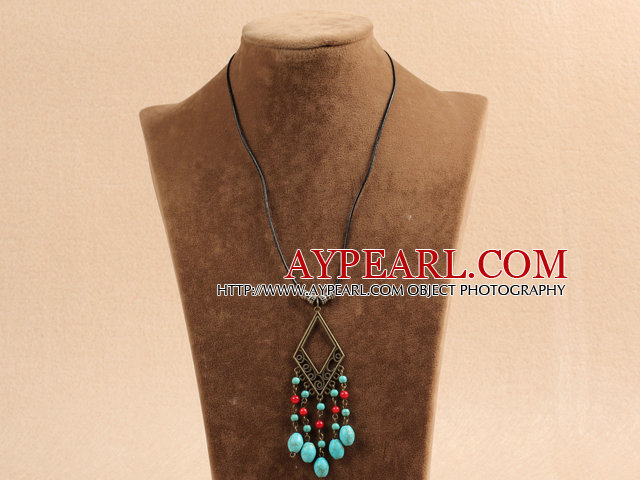 Simple Vintage Style Chandelier Shape Turquoise Red Coral Beads Tassel Pendant Necklace With Black Leather