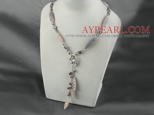 Fashion Engraved Grey Agate And Metal Charm Pendant Necklace With Flower Clasp