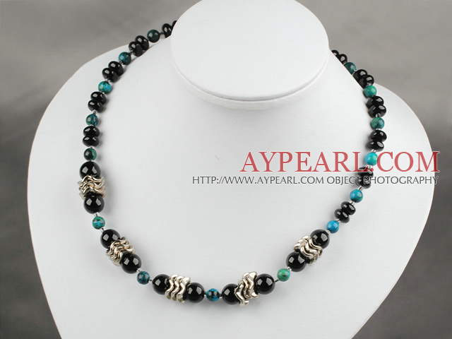 Nice Round Phoenix Stone And Black Agate Beaded Strand Necklace With Moonight Clasp