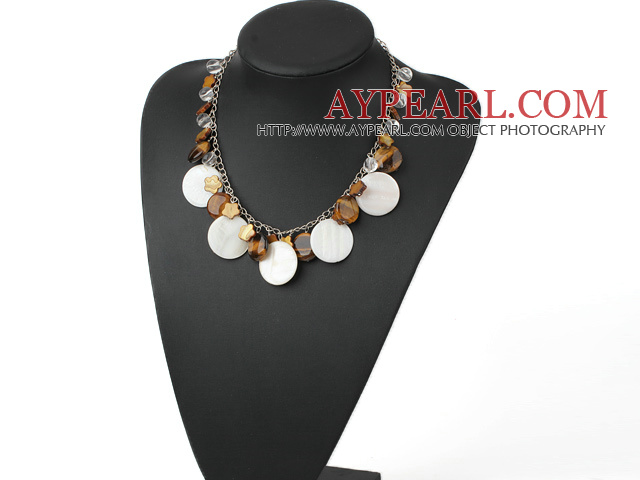 Lovely Flat Round Star Shape Tiger Eye And White Disc Shell Crystal Necklace With Lobster Clasp