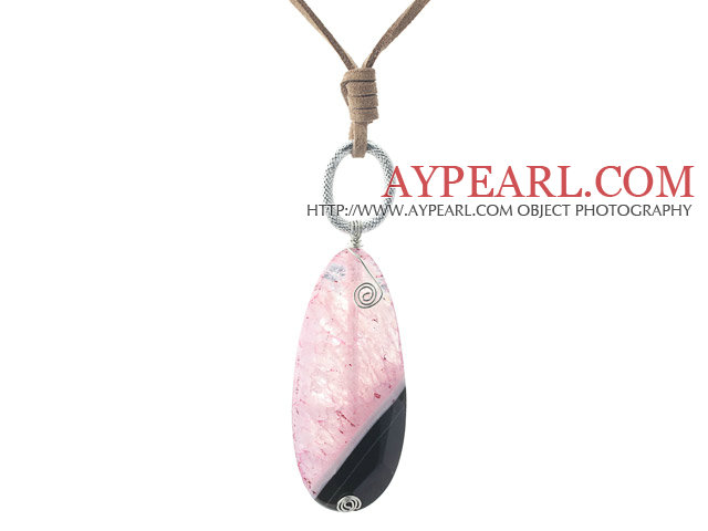 Simple Style Drop Shape Pink Crystallized Stripe Agate Pendant Necklace with Brown Cord